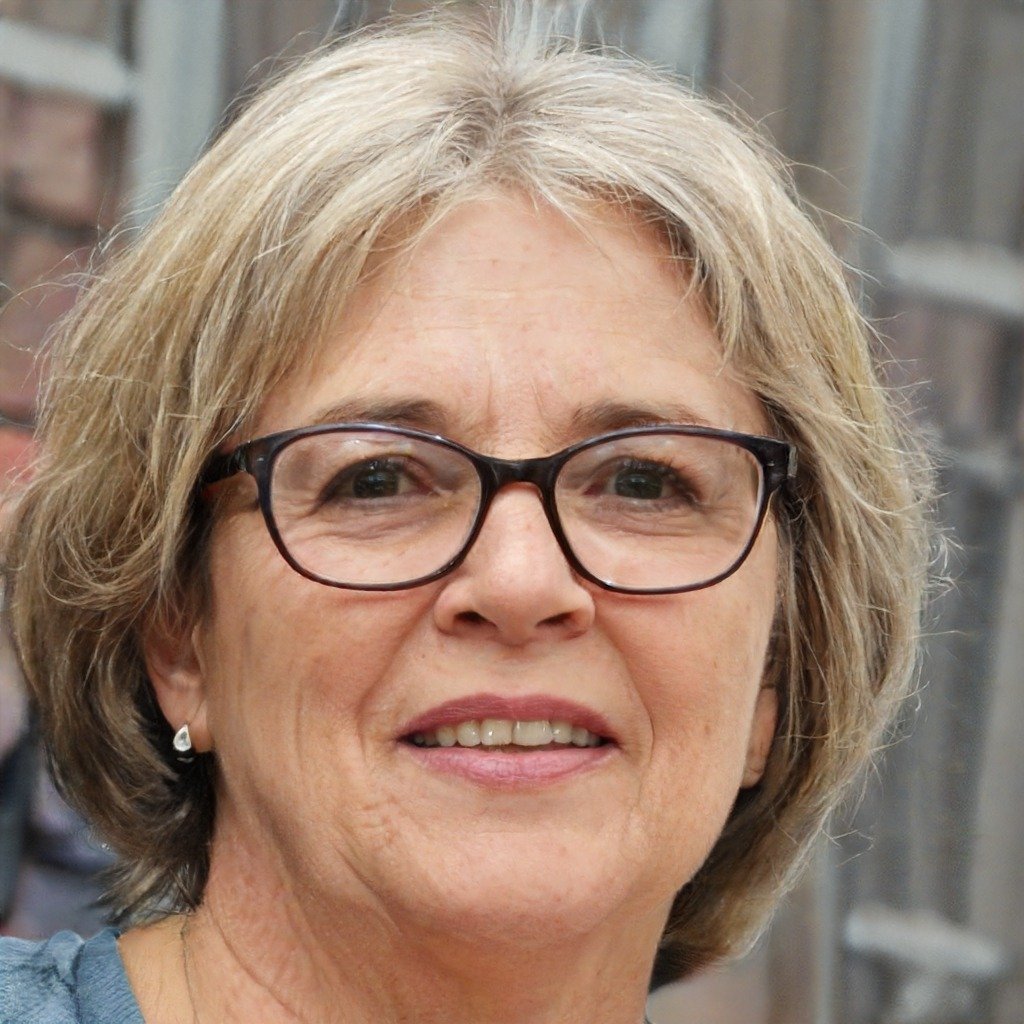 Rankselite SEO Agency A woman with short, light gray hair and glasses smiles at the camera. She is wearing a blue top and small, delicate earrings. The background appears to be an outdoor setting with brick and metal structures, capturing a serene moment perfect for promoting your SEO for Shopify store services.