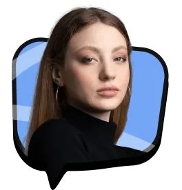 Rankselite SEO Agency Portrait of a woman with long, straight brown hair, wearing a black turtleneck. She looks into the camera with a neutral expression. The background features a blue shape with white accents, subtly reminiscent of an SEO audit interface.