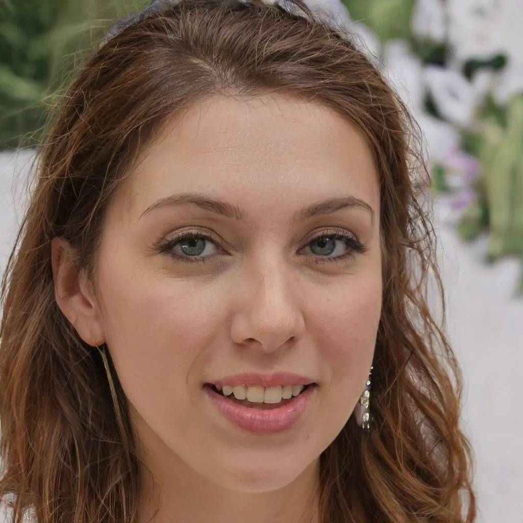 Rankselite SEO Agency A young woman with wavy brown hair and light makeup is smiling at the camera. She is wearing dangling earrings and a white top. The background, slightly blurred, features green foliage and white flowers. Perfect for a brand's sell strategy, her radiant joy and natural environment create an inviting scene.