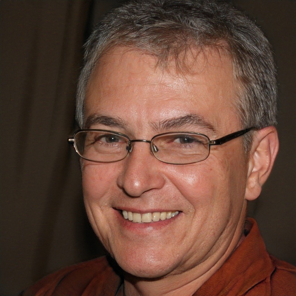 Rankselite SEO Agency A middle-aged man with short gray hair and eyeglasses is smiling. He is wearing an orange-brown shirt and is positioned against a dark, blurred background, possibly reviewing Free SEO Check results for his Shopify store.