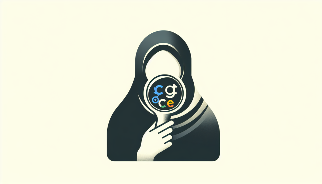 A Middle-Eastern woman holding a magnifying glass with symbolic representations of popular search engines reflected in it.