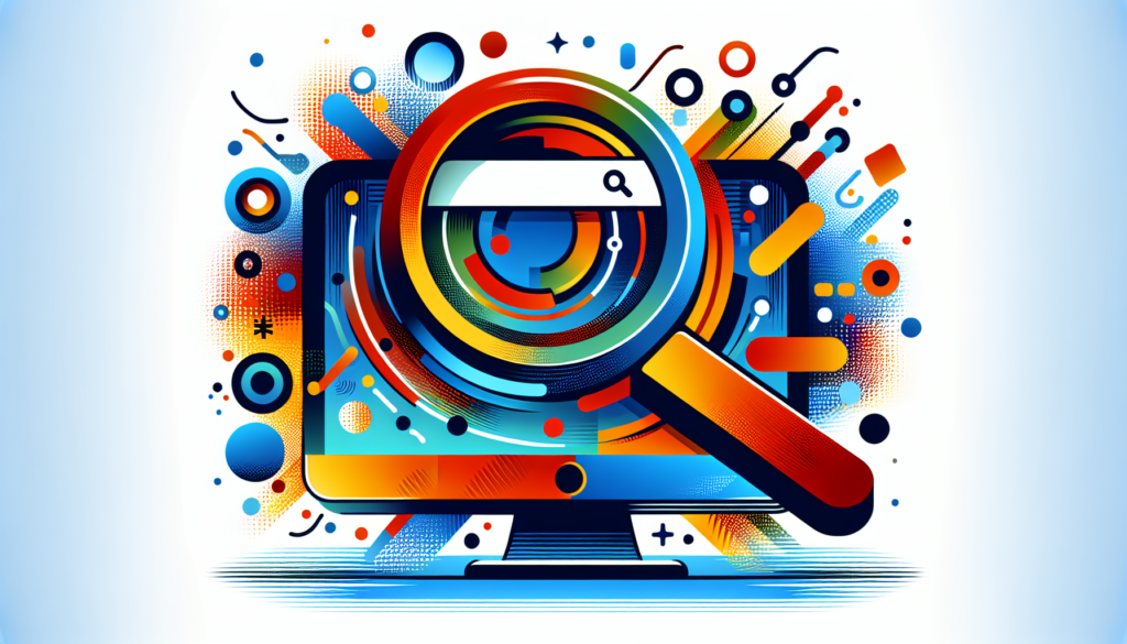 A large magnifying glass hovering over a computer monitor displaying vibrant and engaging search engine results.