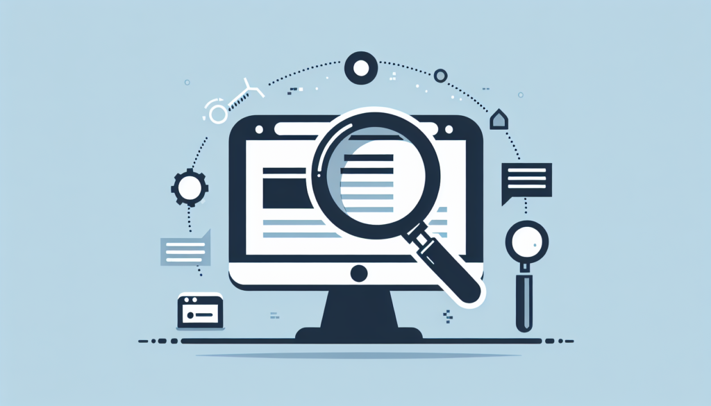 A magnifying glass hovers over a simplified website, symbolizing technical SEO.