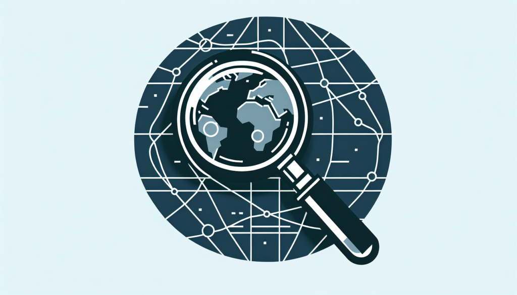 A magnifying glass on top of a geographical map.