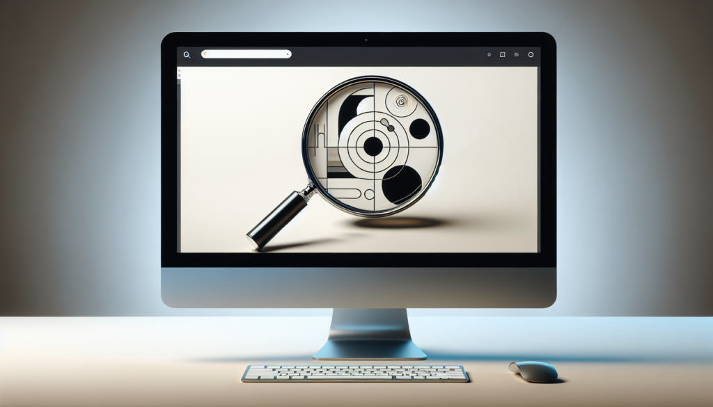 A magnifying glass resting on a computer screen showing abstract symbols.