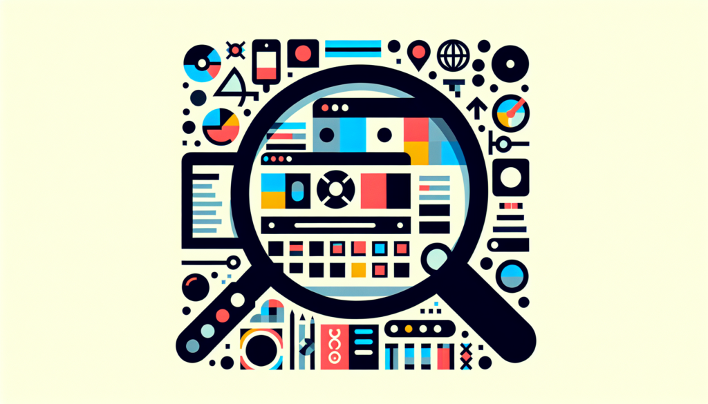 A minimalist abstract representation of a website with simplified user interface symbols and a magnifying glass hovering over it.