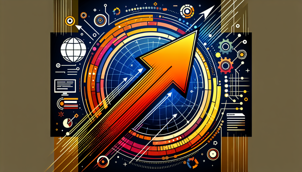 Abstract image alt text: A vibrant, upward-pointing arrow surrounded by digital marketing elements such as a globe and network lines.