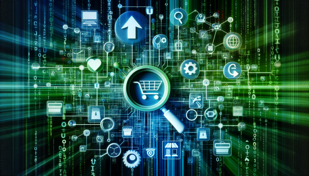An abstract digital illustration representing the correlation between Search Engine Optimization and online shops.