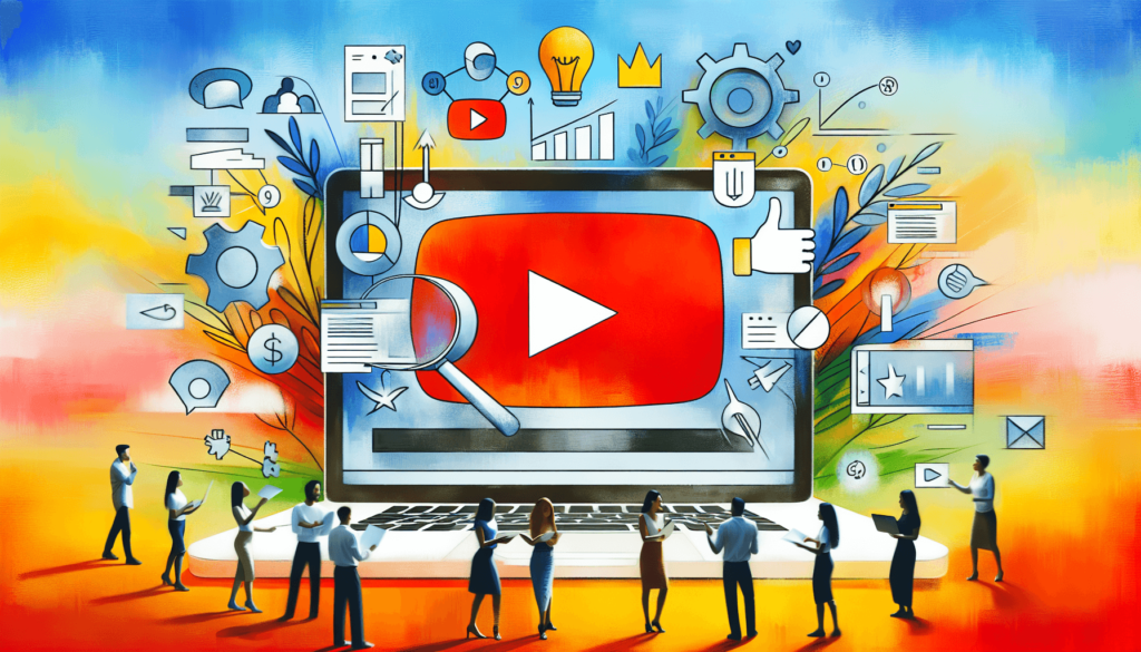 A minimalist art piece featuring a laptop screen displaying an abstract representation of the YouTube logo surrounded by SEO symbols like a magnifying