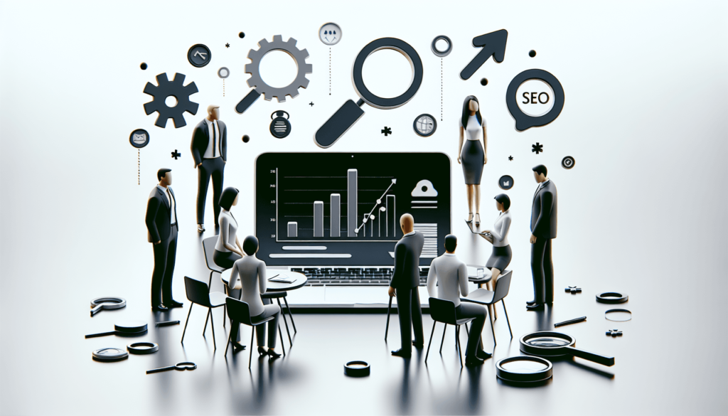 A minimalist illustration of a modern workspace featuring a diverse group of individuals, including a Caucasian woman and a Hispanic man, engaged in s