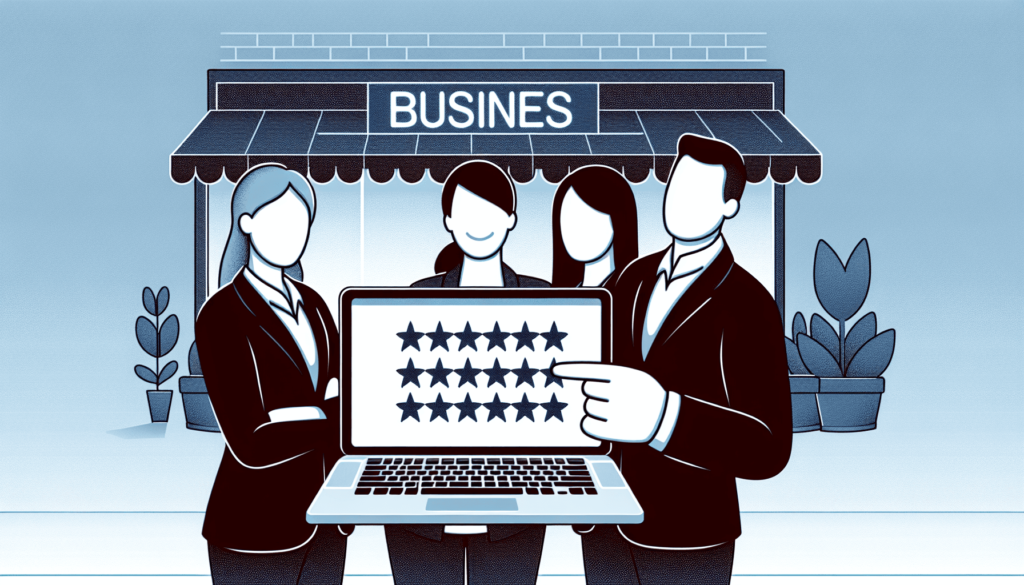 A minimalist image depicting three individuals of different descents—Caucasian, Hispanic, and Asian—standing together in front of a local business sto