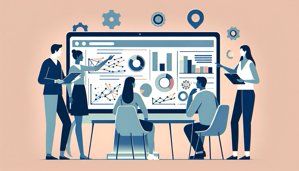 A minimalist image featuring a computer screen displaying data analytics and graphs related to machine learning in Search Engine Optimization. Surroun
