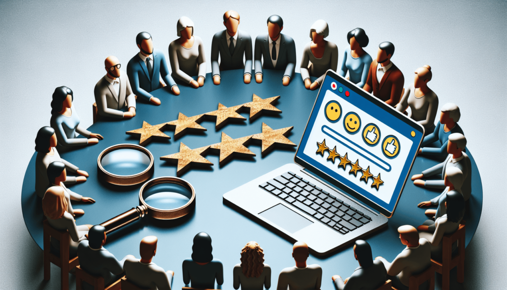 A minimalist image featuring a silver laptop on a simple tabletop, displaying a screen filled with five gold stars and positive emoticons. Next to the